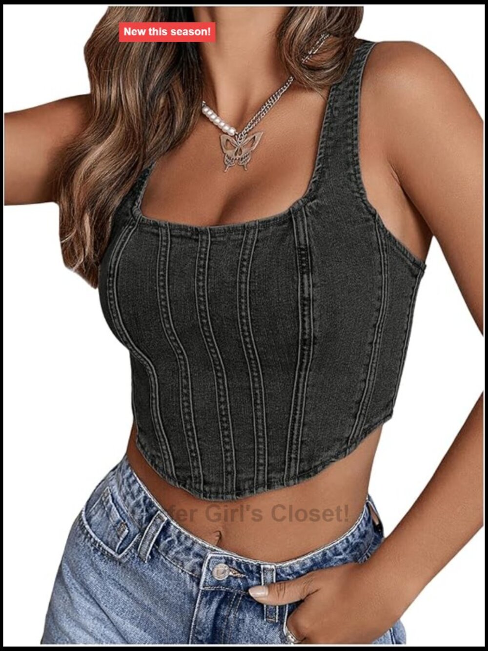 Square Neck Sleeveless Corset Denim Crop Top Zip Up Back Asymmetrical Hem